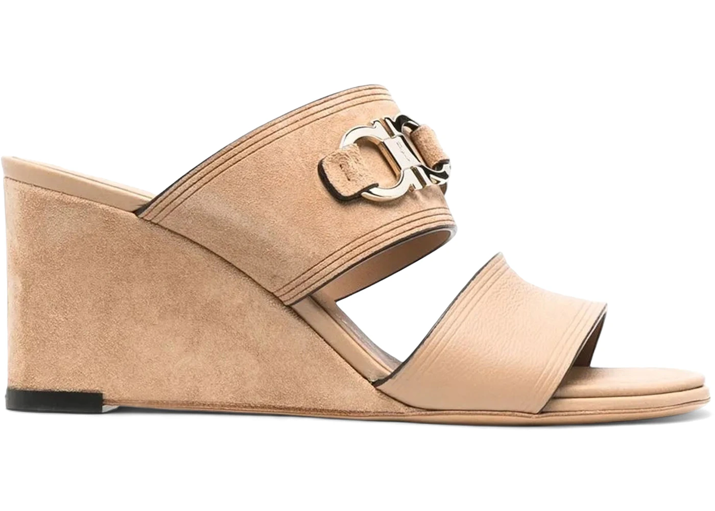 Ferragamo Chaim 75mm Suede Wedge Mules Beige Khaki (Women's)