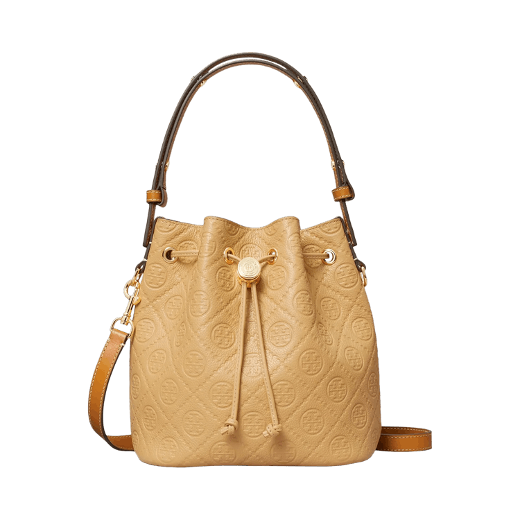 Tory Burch T Monogram Pebble Bucket Bag 'Biscotti'