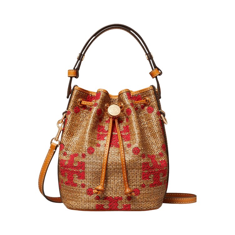 Tory Burch T Monogram Straw Mini Bucket Bag 'Natural'