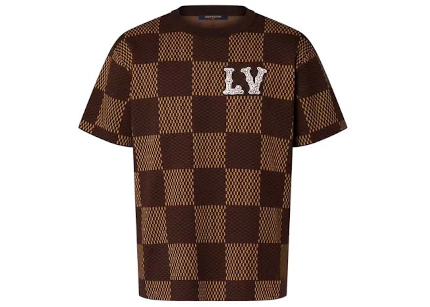 Louis Vuitton Short-Sleeved Cotton Damier Crewneck with Crystal LV Patch Sienna