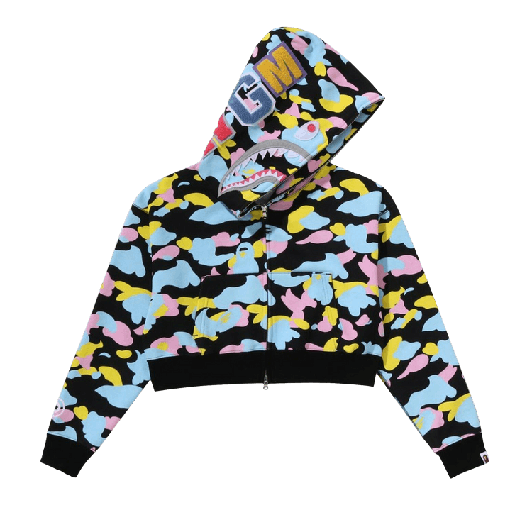 BAPE New Multi Camo Shark Cropped Full Zip Hoodie 'Black'