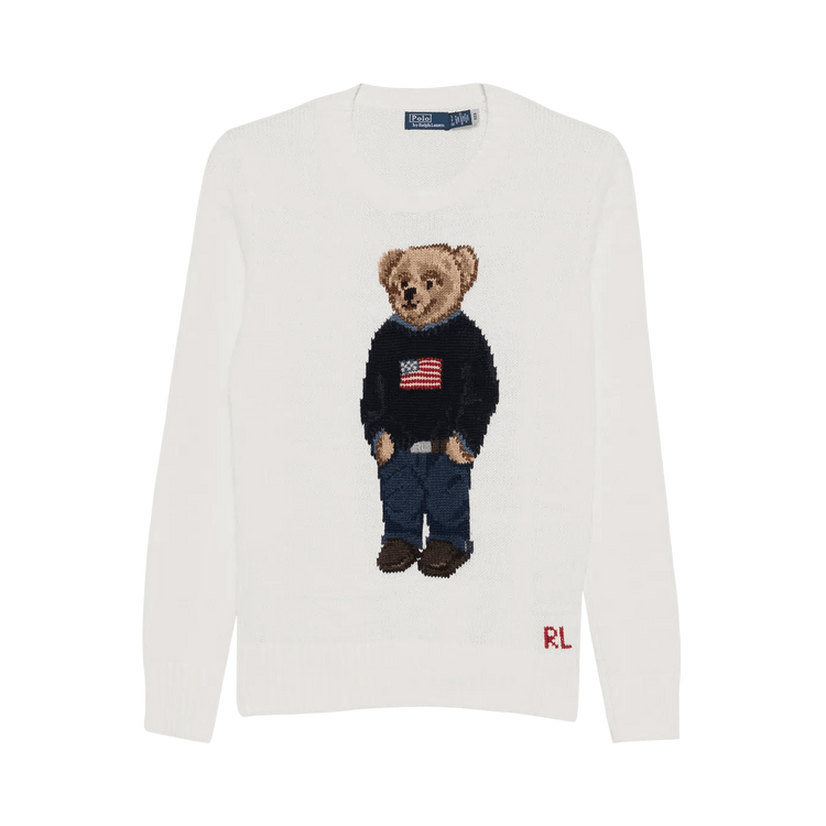 Polo Ralph Lauren Cotton/Linen Bear-Bear Sweater-Long Sleeve-Pullover 'Deckwash White Multi'