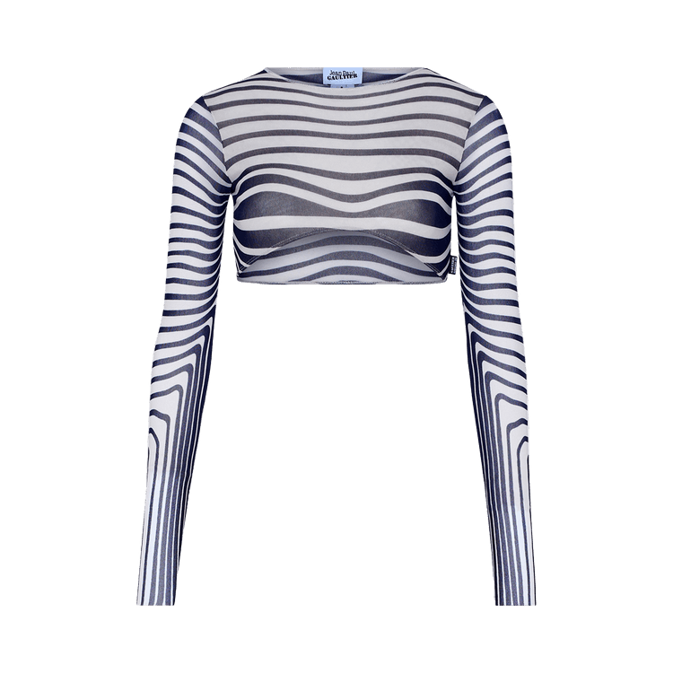 Jean Paul Gaultier Re-Edition Long-Sleeve Crew Neck Cropped Top "Morphing Stripes" 'Ecru/Navy'