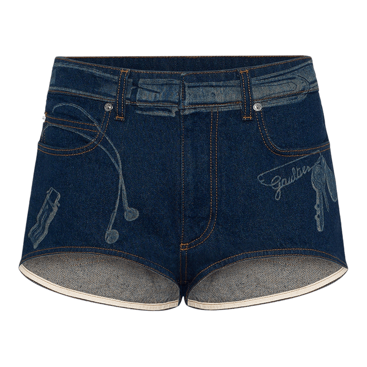 Jean Paul Gaultier Denim Mini Shorts With Trompe L'oeil Print 'Vintage Blue'