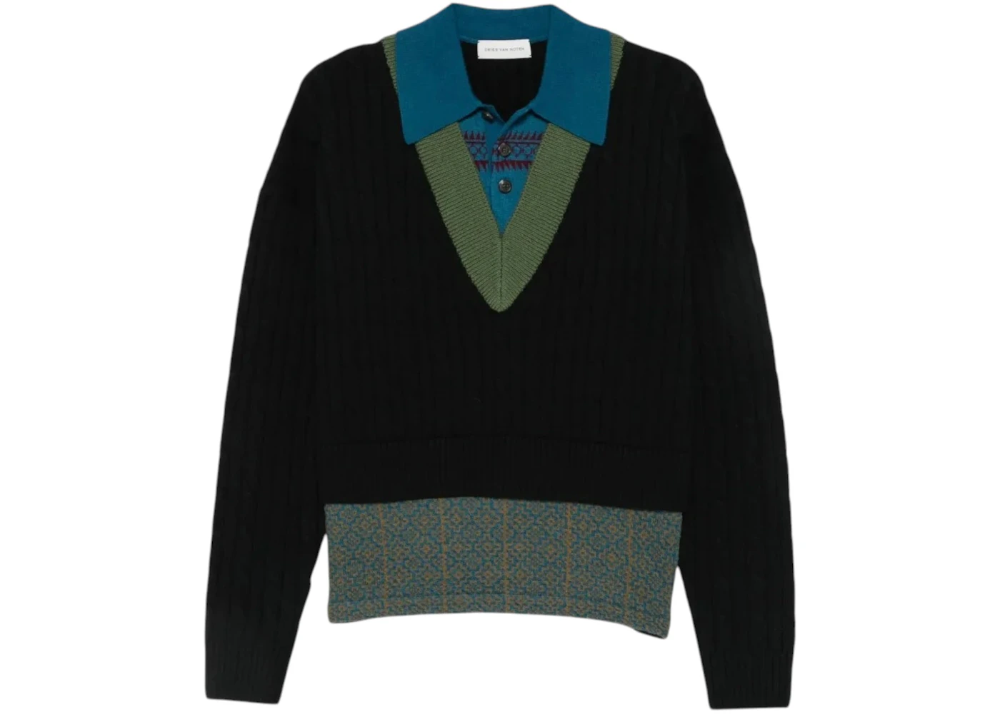 Dries Van Noten Contrast Panel Ribbed-Knit Sweater Black