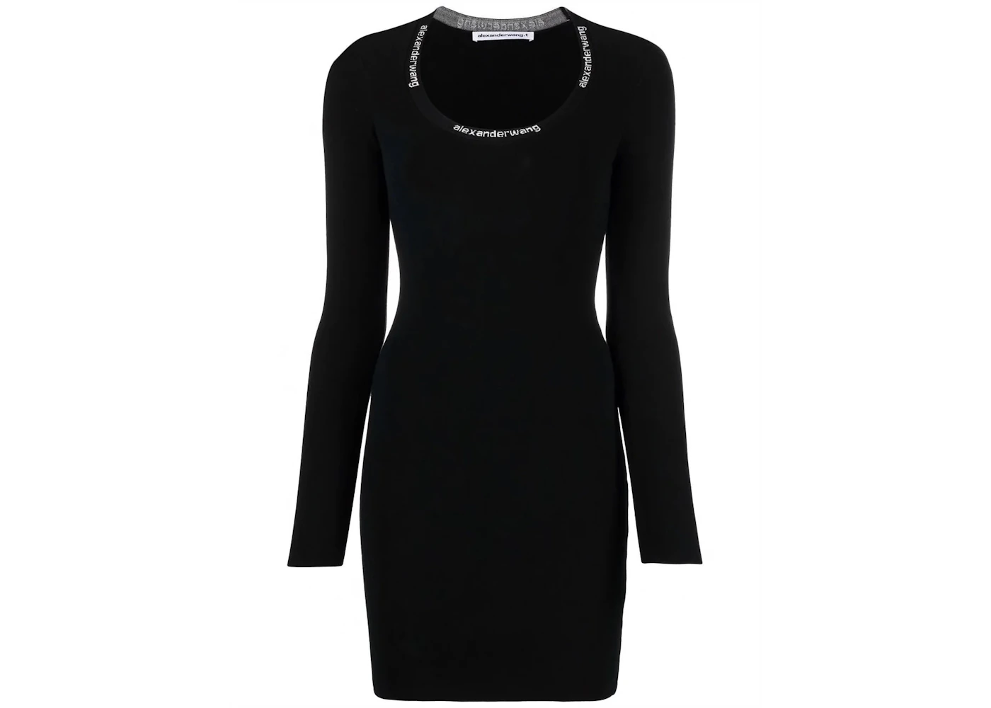 T by Alexander Wang Bodycon LS Logo Jacquard Trim Scoop Neck Dress Black