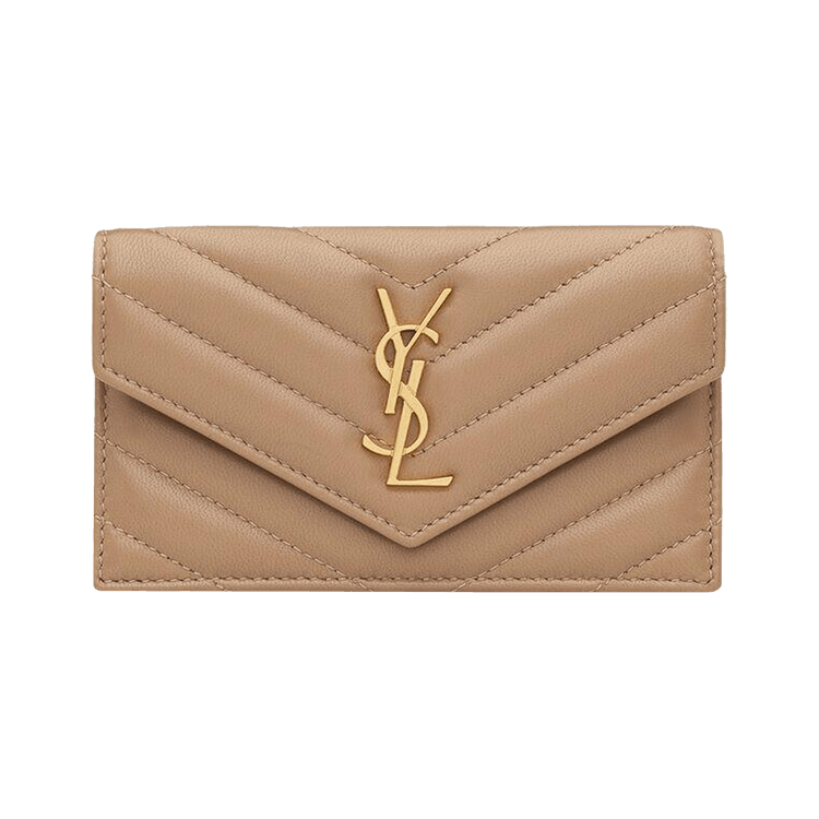 Saint Laurent Cassandre Fragments Flap Card Case In Lambskin 'Natural Tan'
