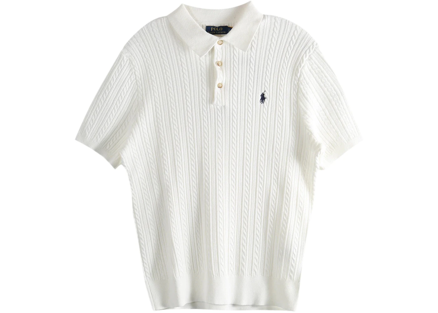 Polo Ralph Lauren Featherweight Cable Knit 3-Button Placket Polo Short-Sleeve Sweater Deckwash White/Navy