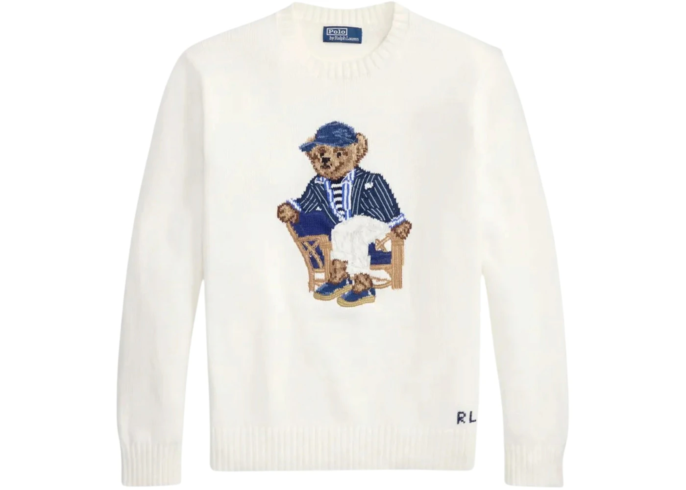 Polo Ralph Lauren Long-Sleeve Linen Cotton Novelty Newport Bear Crewneck Sweater Deckwash White
