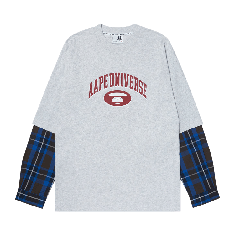 AAPE Moonface Plaid-Panelled Long-Sleeve Tee 'White/Heather'