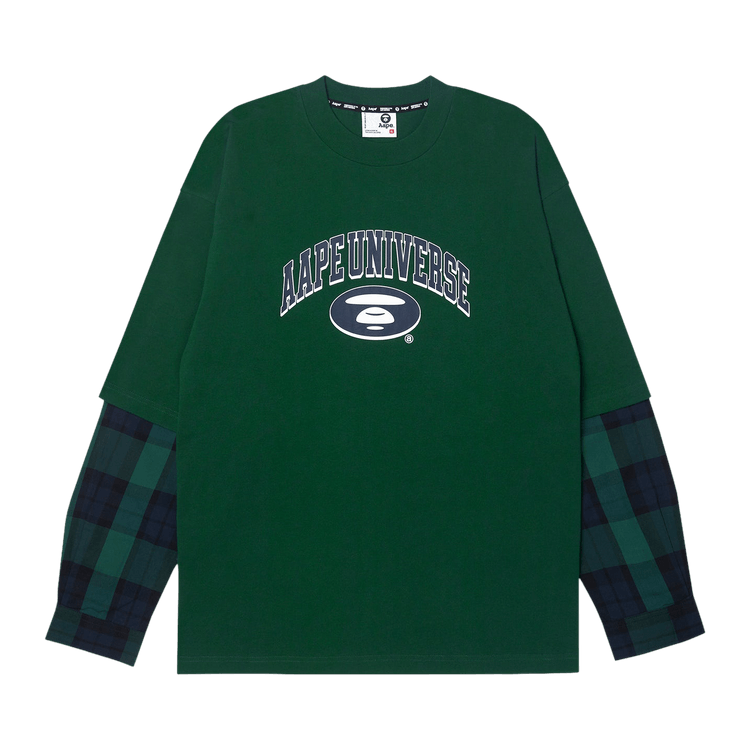 AAPE Moonface Plaid-Panelled Long-Sleeve Tee 'Green/Dark'