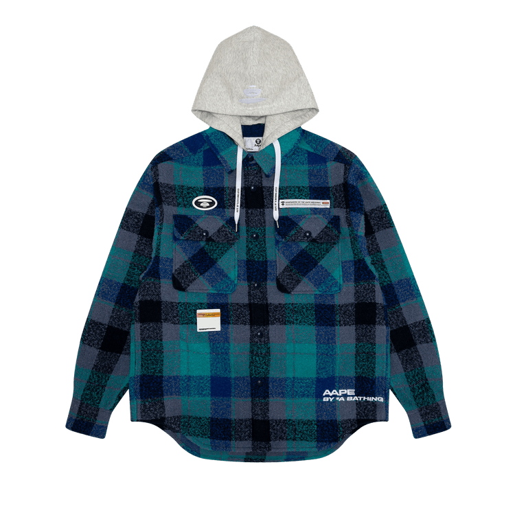 AAPE Moonface Check-Panelled Hooded Shirt Jacket 'Grey/Black'