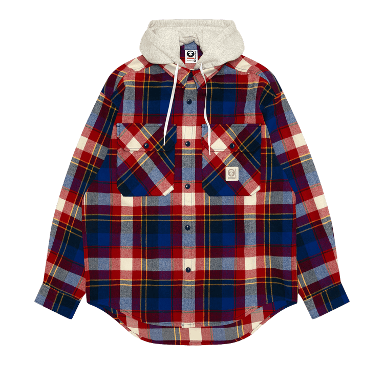 AAPE Now Moonface Check Hooded Shirt Jacket 'Navy/Red'