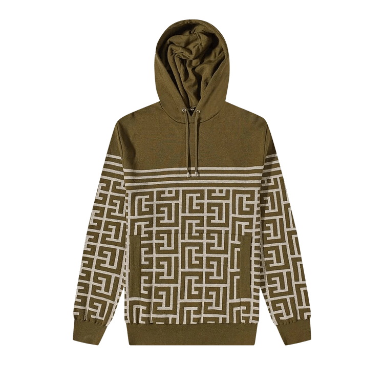 Balmain Monogram Stripe Knit Hoodie 'Khaki/Ivroy'