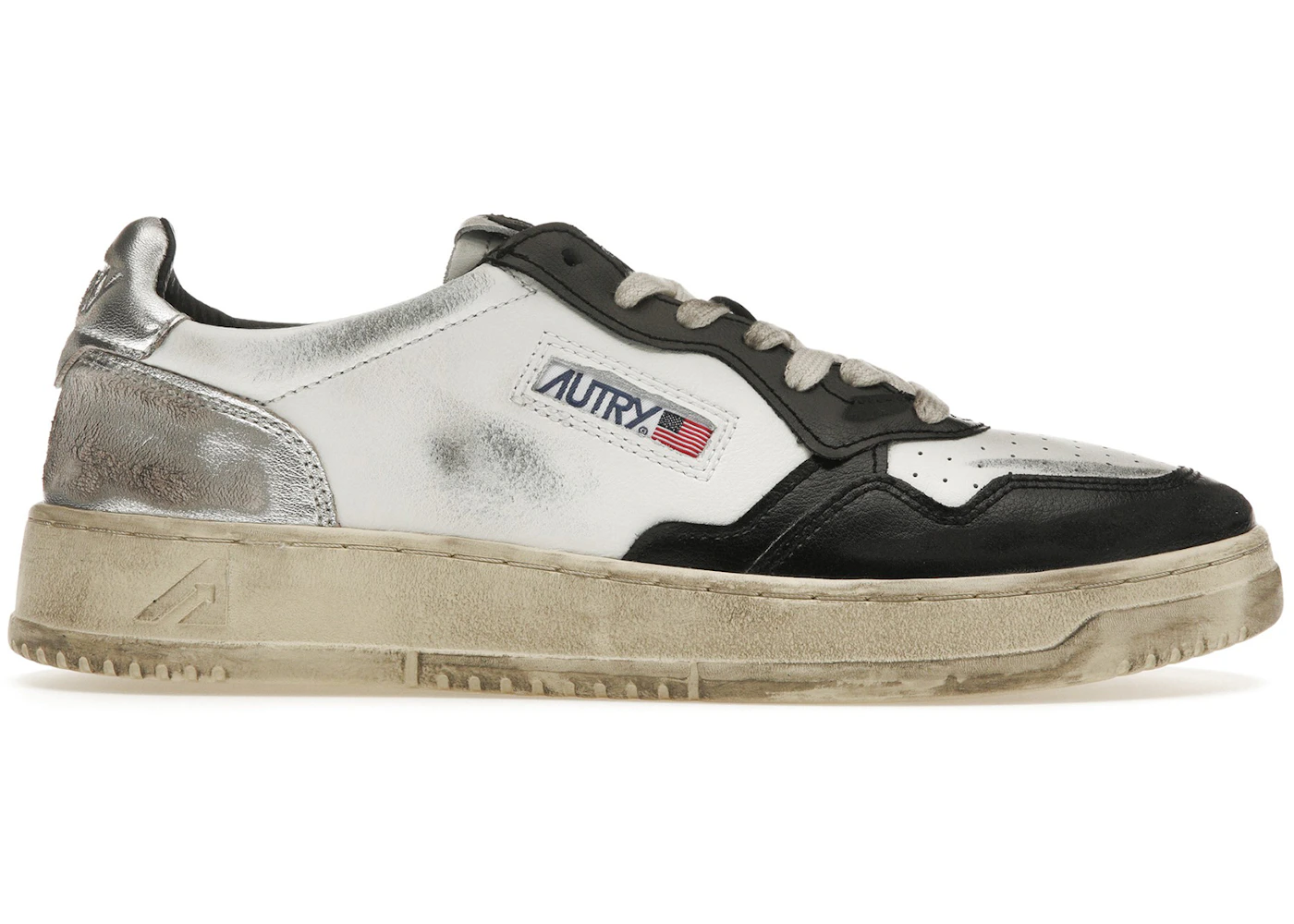Autry Medalist Leather Low Distressed White Black Silver