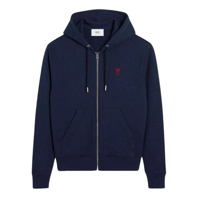 AMI Small Heart Logo Loopback Hooded Zip-Up 'Night Blue'