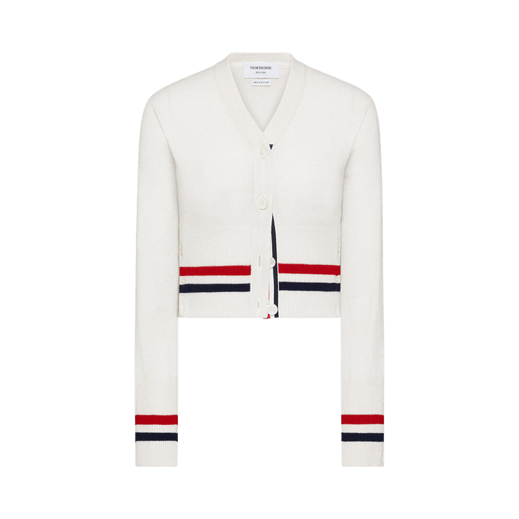 Thom Browne RWB Stripe Cashmere Shrunken V Neck Cardigan 'White'