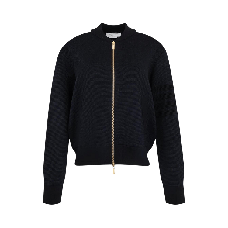 Thom Browne Milano Stitch Zip Up Bomber Jacket In Merino And Linen W/ Ottoman Stitch 4 Bar Stripe 'Navy'