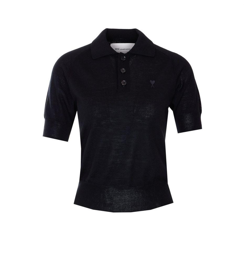 AMI Paris Logo Embroidered Knitted Polo Top