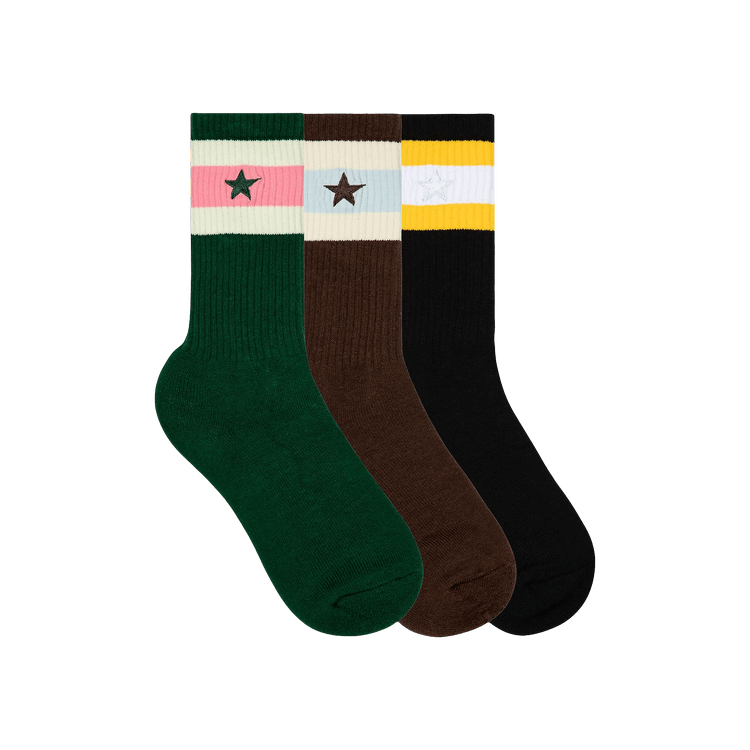 GOLF WANG 3Pk Striped Star Socks 'Brown/Dark Green/Black'