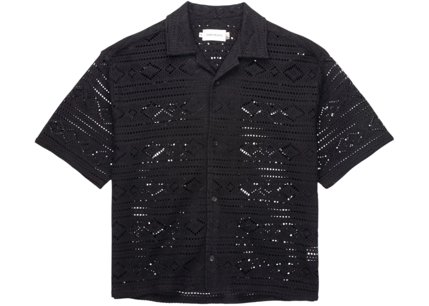 Honor The Gift Pointelle Crochet Camp Collar Shirt Black
