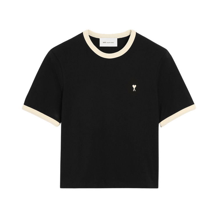 Ami Black Contrasted Cotton t-Shirt With De Coeur 'Black/Ivory'