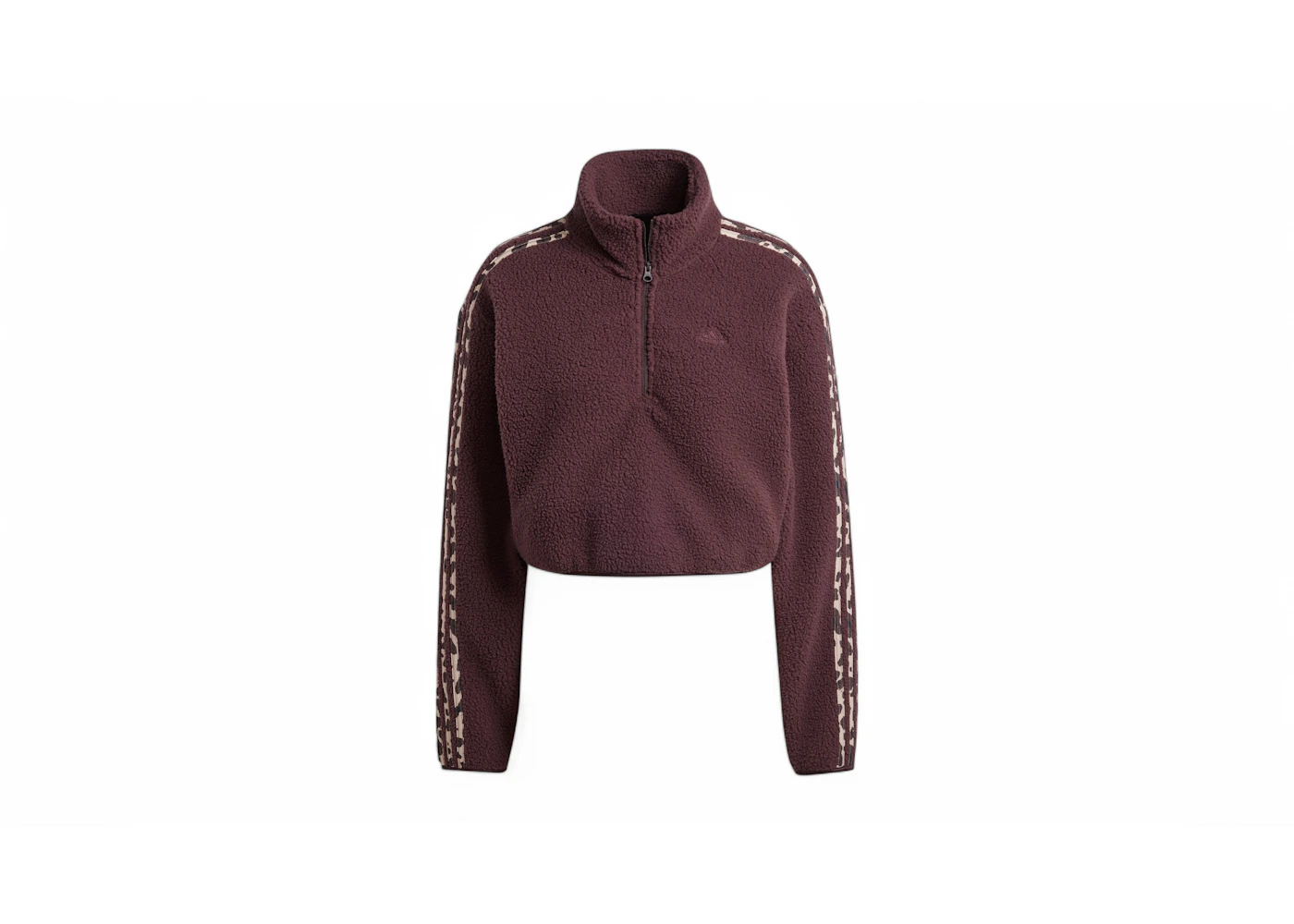 adidas Women's Essentials 3-Stripes Animal Print High Pile Cropped 1/4 Zip Top Shadow Brown/White
