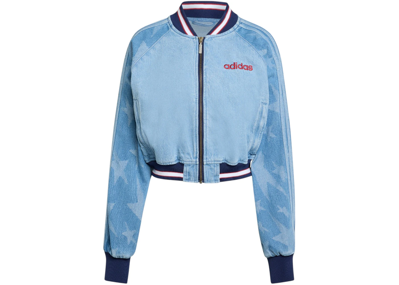 adidas Women's Superstar Denim Graphic Varsity Bomber Jacket Medium Blue Denim