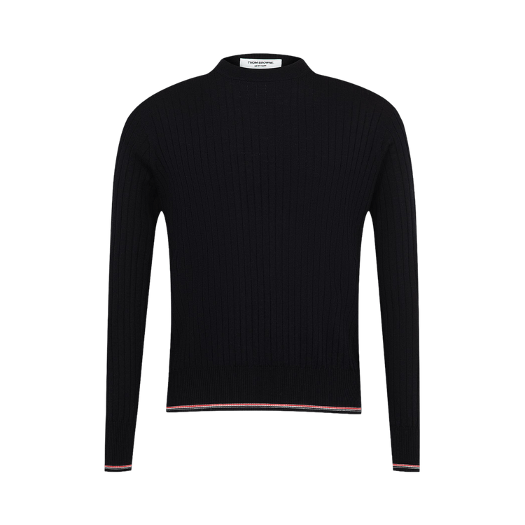 Thom Browne Rib Stitch Crewneck Pullover In Merino Wool With RWB Stripe 'Navy'