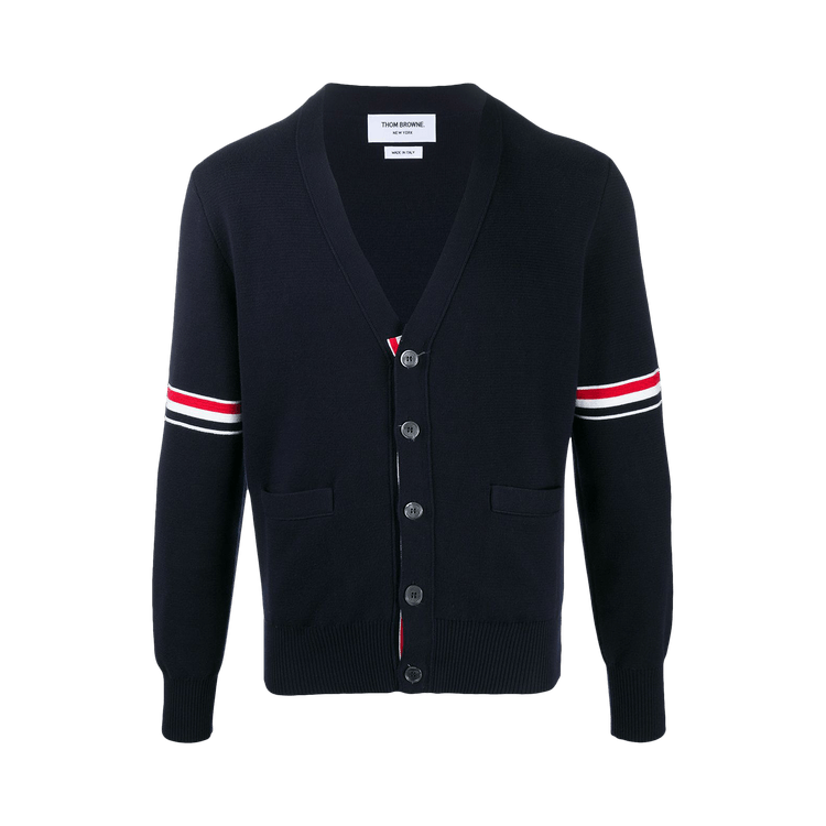 Thom Browne Milano Stitch RWB Stripes Cotton V Neck Cardigan 'Navy'