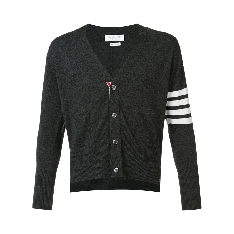 Thom Browne Classic Short V Neck Cardigan with White 4 Bar Stripe In Cashmere 'Medium Grey'