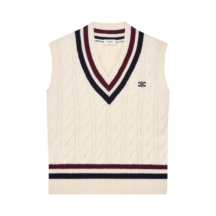 CELINE Triomphe Cashmere V-Neck Cable Knit Vest 'Ecru/Burgundy/Navy'
