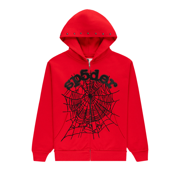 Sp5der OG Web Studded Zip Hoodie 'Red'