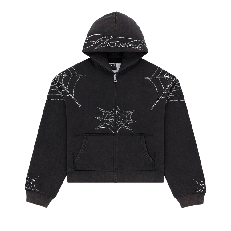 Sp5der Rhinestone Web Zip Hoodie 'Black'