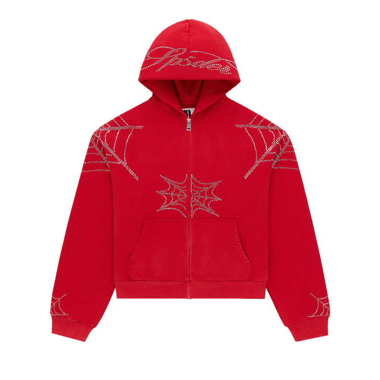 Sp5der Rhinestone Web Zip Hoodie 'Red'