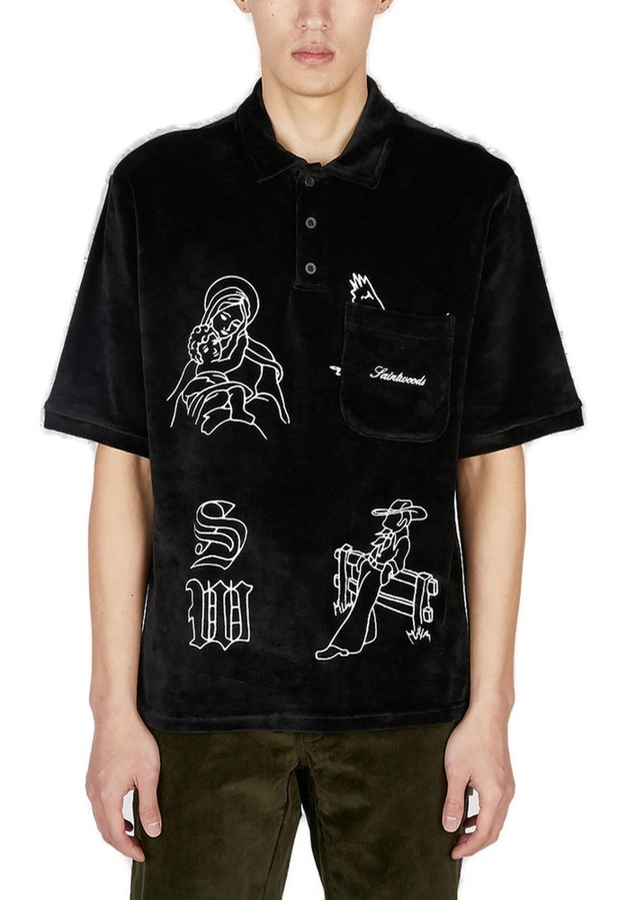 Saintwoods Graphic Embroidered Velour Polo Shirt