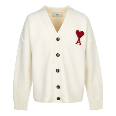 AMI Big Heart Logo Felt Merino Wool Cardigan 'Ivory Red'