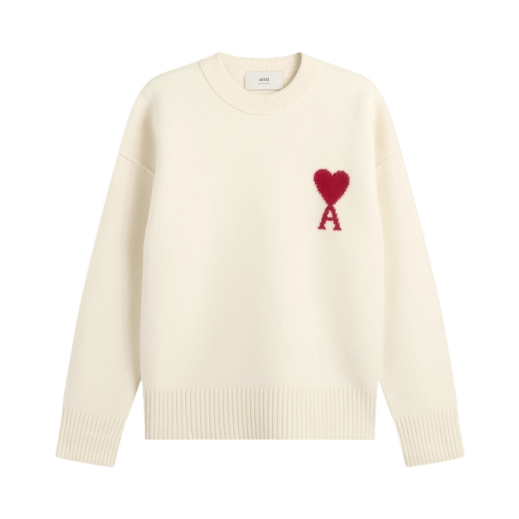 Ami Crewneck Sweater With Contrasted De Coeur 'Ecru/Rouge'