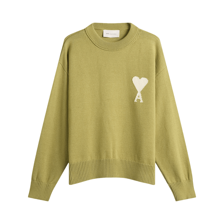 Ami Crewneck Sweater With Contrasted De Coeur 'Matcha/Ecru'