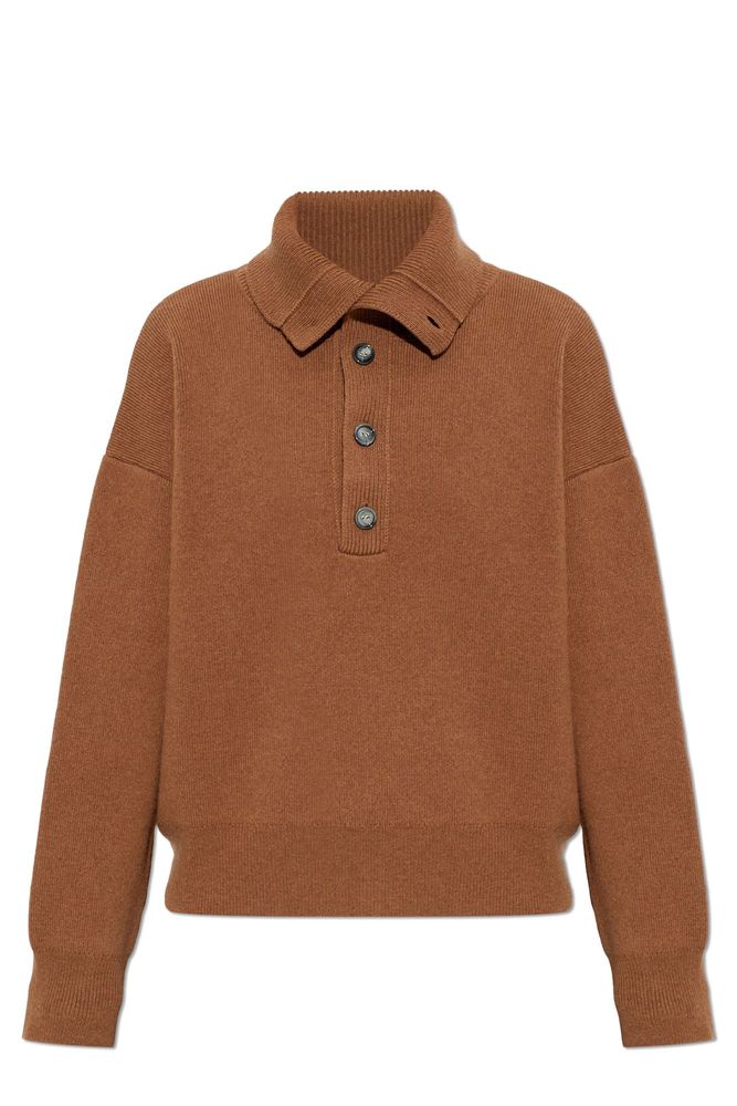 AMI Buttoned Stand-Collar Knitted Sweater