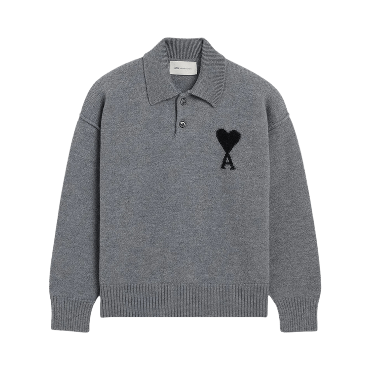Ami Quota Polo Sweater With Contrasted De Coeur 'Gris Cendre Chine/Noir'
