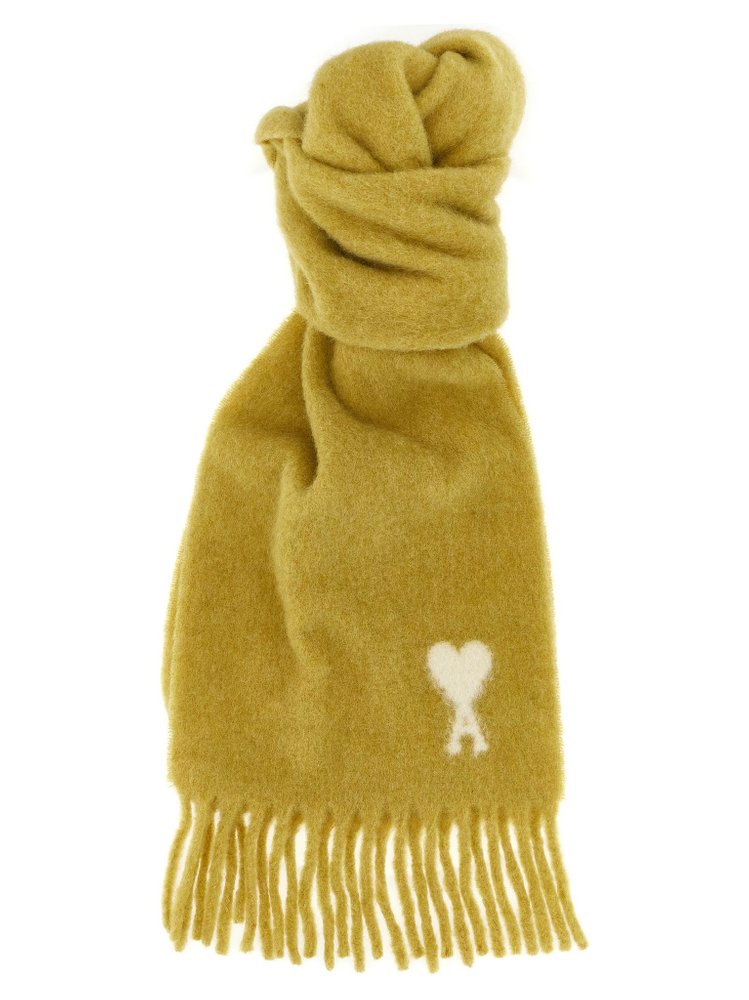AMI Paris Logo Detailed Fringed-Hem Scarf