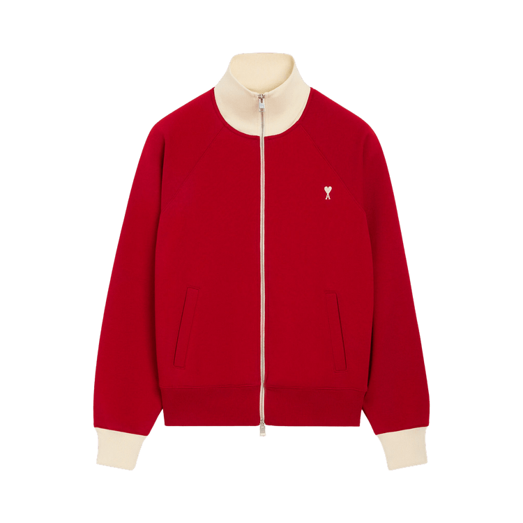 Ami Quota Bicolor Zipped Sweatshirt With Off White De Coeur Embroidery 'Vert Bouteille/ Ivoire'
