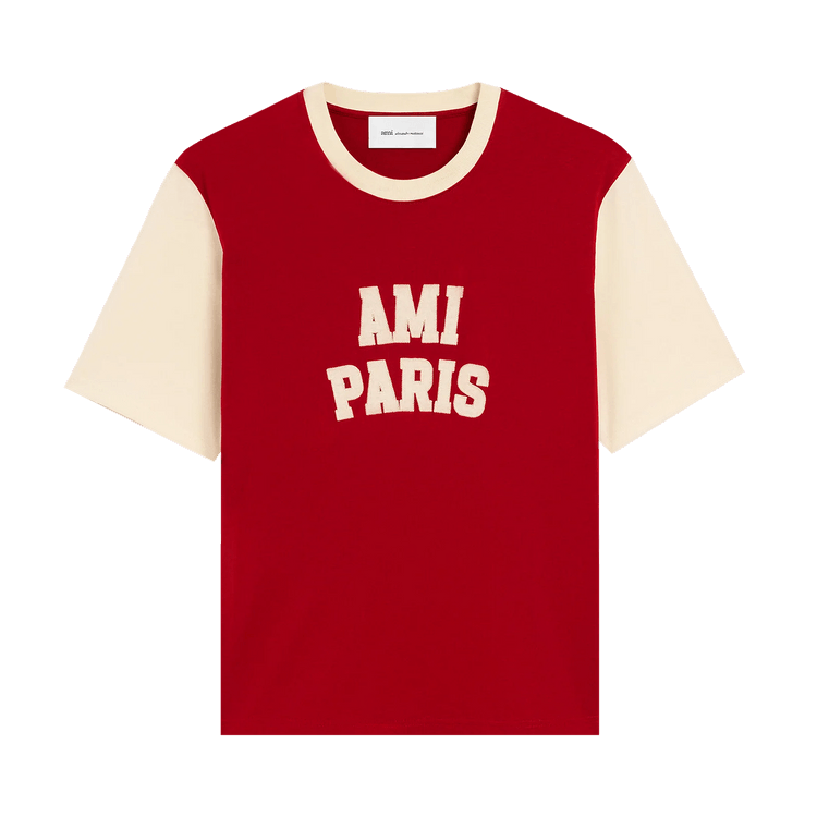 Ami T-Shirt With Paris Felt Embroidery 'Rouge Rubis/Ivoire'
