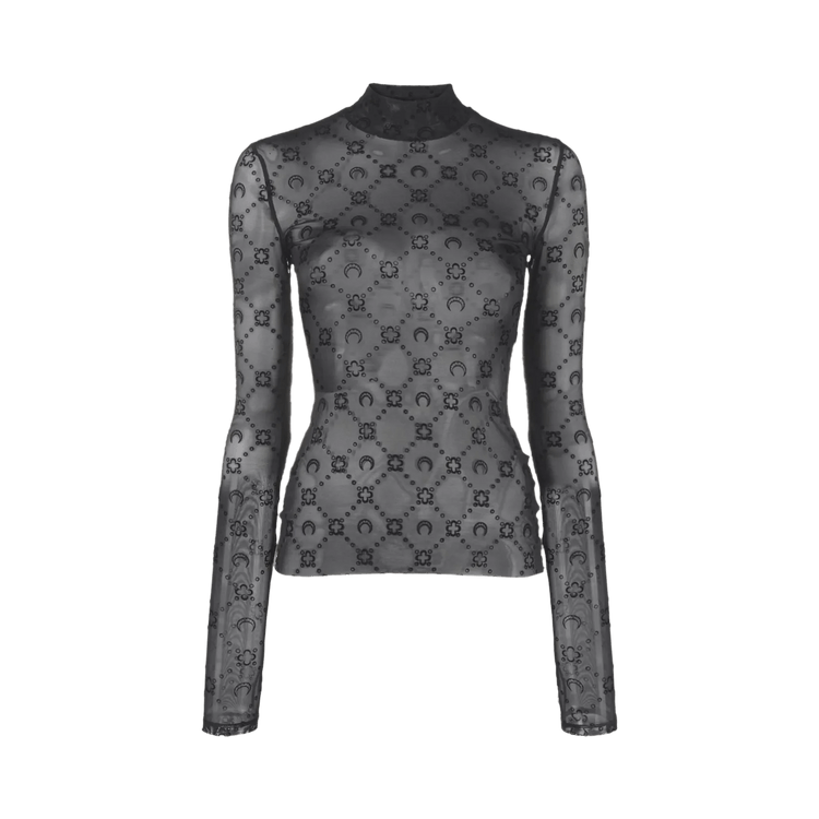 Marine Serre Monogram Mesh Flock Long-Sleeve Highneck Top 'Black'