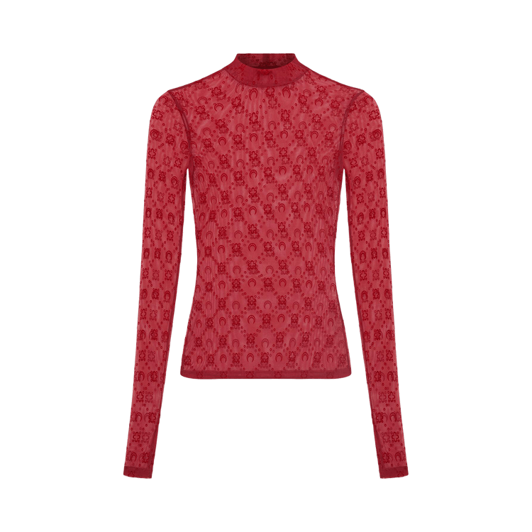 Marine Serre Mesh Flock Long-Sleeve Highneck Top 'Ribbon Red'