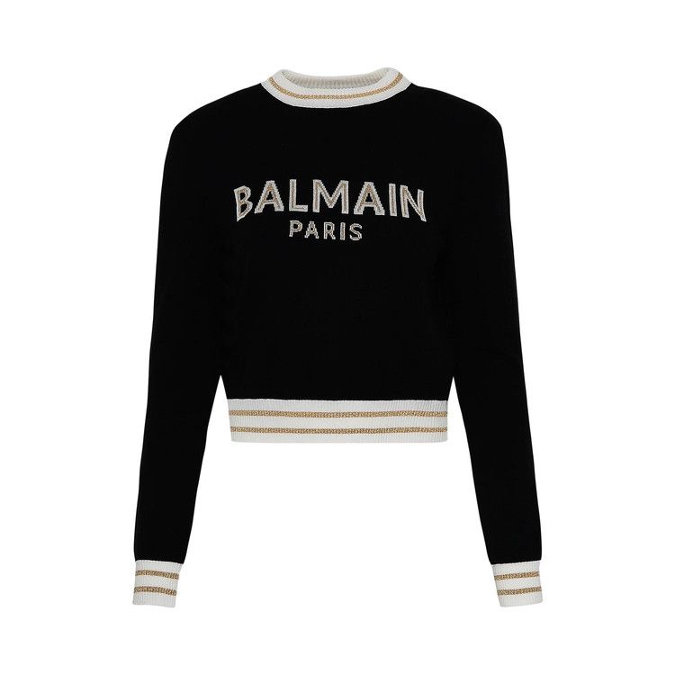 Balmain Logo Intarsia Knitted Cropped Jumper 'Black/Natural/Gold'