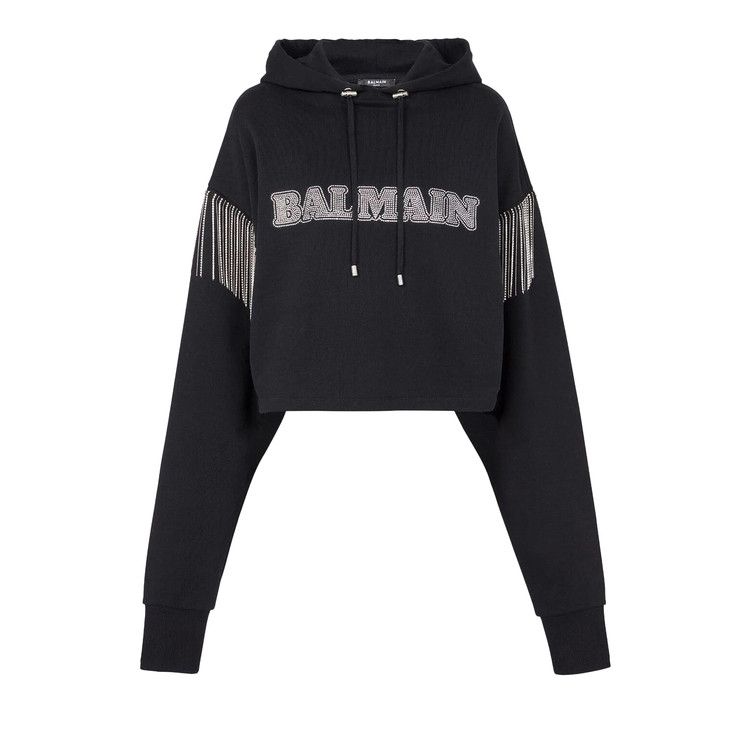 Balmain Embellished Cropped Hoodie 'Black/Crystal'