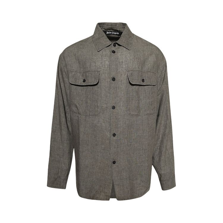 Palm Angels Curved Logo Linen Overshirt 'Military Grey'