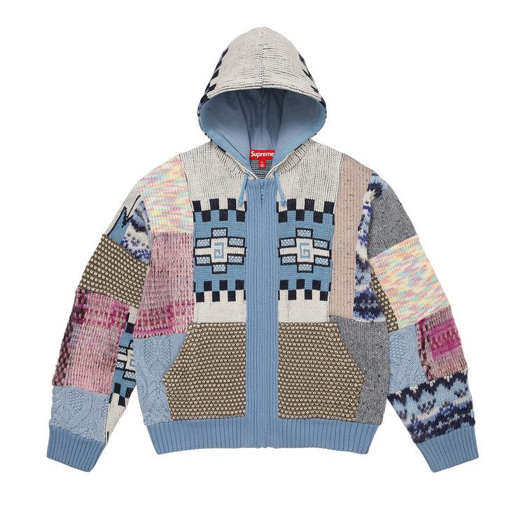 Supreme Patchwork Zip Up Hooded Sweater 'Light Blue'